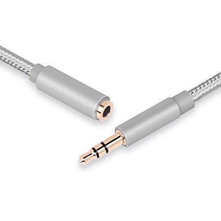 Conwork 15 Feet 3.5mm Audio Extension Cable Male to Female, 3-Conductor TRS Stereo Auxiliary Cable Nylon Braided -Silver