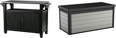Keter Unity XL Portable Table and Storage Cabinet & Denali 150 Gallon Resin Large Deck Box-Organization and Storage for Patio Furniture, Outdoor Cushions, Garden Tools and Pool Toys, Grey & Black