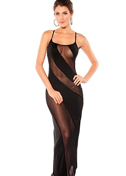 Amoretu Womens Sheer Illusion Lingerie Adjustable Nightwear Maxi Gowns Black