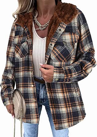 Zeagoo Womens Plaid Shacket Jacket Long Sleeve Button Down Fleece Hooded Jackets Warm Coat