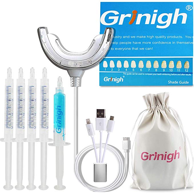 Grinigh Professional USB LED Teeth Whitening Kit with Remineralization gel for Sensitive Teeth - Guaranteed Removes Coffee, Tea & Tobacco Stain - 36% Carbamide Peroxide
