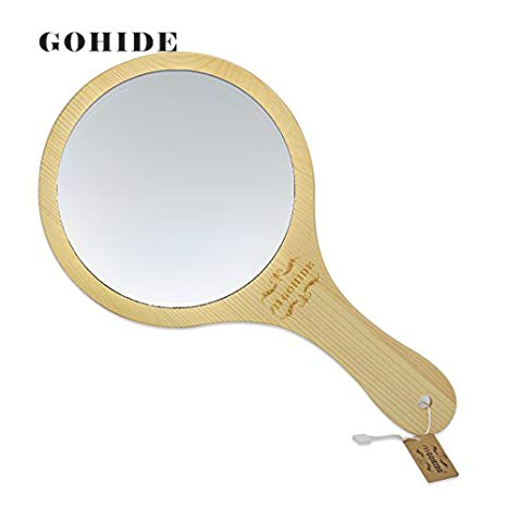 Gohide Handmade Portable Handle Round Cosmetic Mirror Wooden Makeup Portable Mirror Beauty Vanity Decorative Wood Mirrors