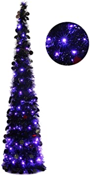 Orgrimmar 5FT Artificial Halloween Christmas Tree Pop Up Christmas Tree Tinsel Coastal Pencil Tree with 100 Purple LED Lights for Holiday Home Party Decoration (Black)