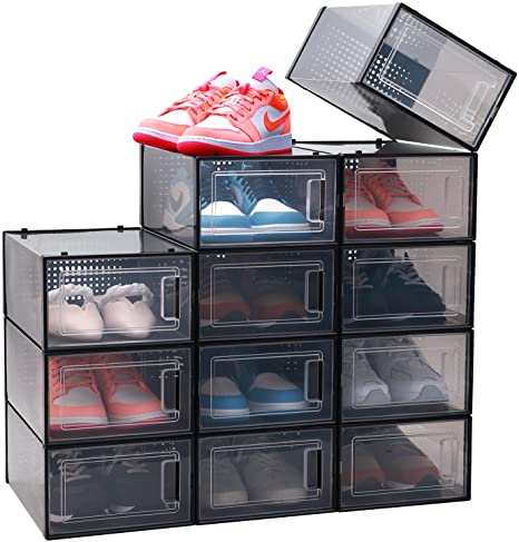 Shoe Box, Ohuhu 12 Pack Shoe Organizer, High Quanlity Stackable Foldable Shoe Storage, Clear Plastic Shoe Containers, Drawer Type Front Opening for Underbed Closets and Entryway Fit up to US Size 9.5