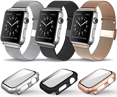 3 Pack Magnetic iWatch Bands with Cases Compatible with iWatch Bands 38mm 40mm 42mm 44mm for Women Men, Replacement Accessories Wristband Strap for iWatch Sport Watch Bands stainless steel Smart Watch Series 6 Series 3 IWATCH SE /5/4/3/2/1 All Model, Black Rose Gold Slive