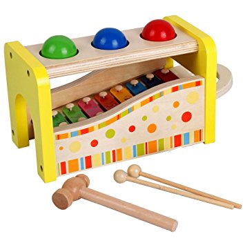 Wooden Pounding and Hammering Educational Bench Toys with Slide out Xylophone for Children