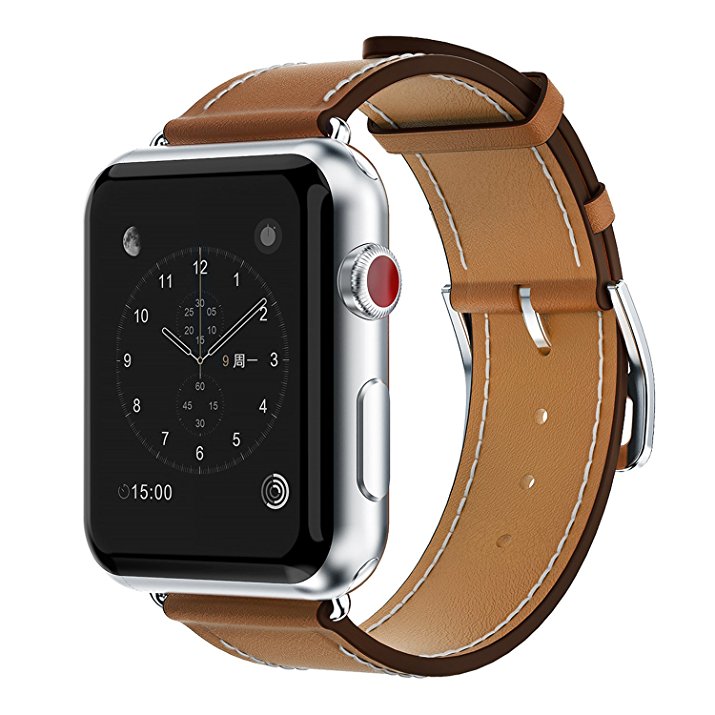 Yearscase 42MM Genuine Leather Replacement Band with Classic Metal Adapter Clasp Single Tour for Apple Watch Series 3 Series 2 Series1 Nike  Hermes&Edition - Brown