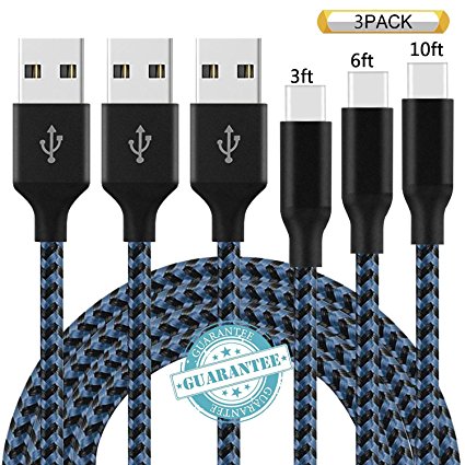 DANTENG USB Type C Cable, 3 Pack 3FT 6FT 10FT Nylon Braided USB C to USB 2.0 Cable Type C Data for Samsung Galaxy S8, S8 , MacBook, Nintendo Switch, Sony XZ, LG V20 G5 G6 and More (Black&Blue)