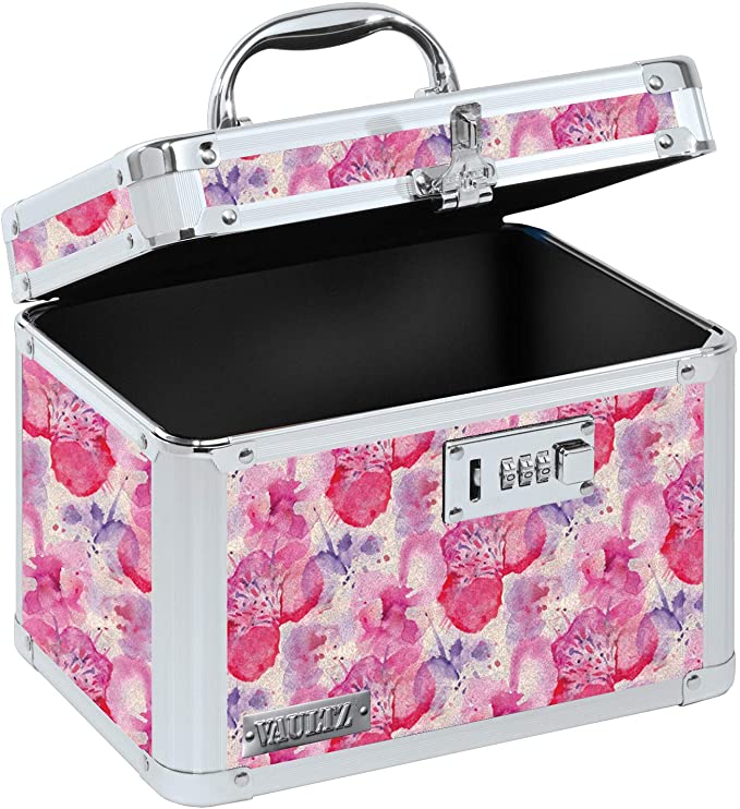 Vaultz Combination Lock Box, Floral Design, 7.75 x 7.25 x 10 Inches, Pink, White and Gray (VZ03807)