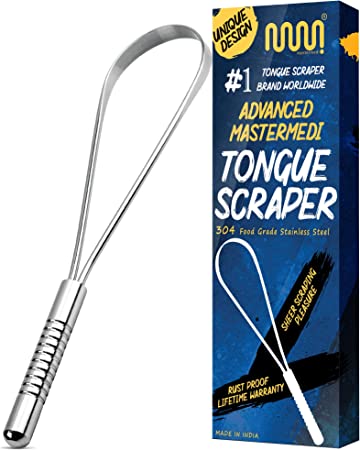 MasterMedi Tongue Scraper, Bad Breath Treatment for Adults & Kids, Medical Grade 100% Stainless Steel Tongue Scrapers for Oral Care, Easy to Use Tongue Cleaner with Ergonomic Design for Hygiene