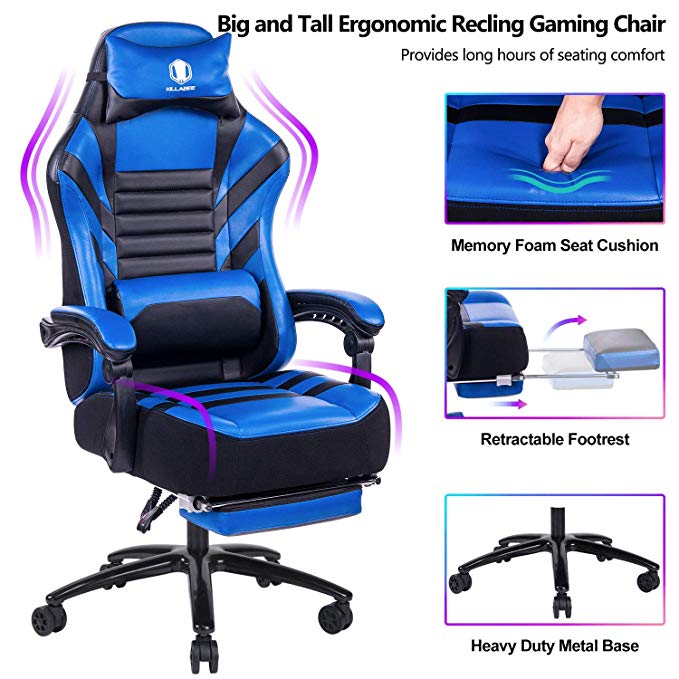 VON RACER Big & Tall 400lb Memory Foam Reclining Gaming Chair Metal Base - Adjustable Back Angle and Retractable Footrest Ergonomic High-Back Leather Racing Executive Computer Desk Office Chair, Blue