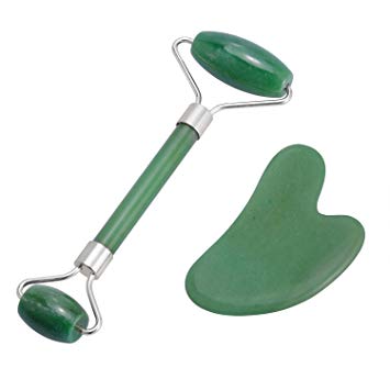 Jade Roller for Face and Gua Sha Set –100% Real Jade Natural Stone Facial Messager Anti Aging and Skin Rejuvenate Beauty Skincare Tool for Face Messaging, Neck Sliming and Eye Rolling (Green A)