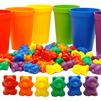 60 Rainbow Counting Bears with Color Matching Sorting Cups Set by Skoolzy- Montessori Toddler Counters & Preschool Math Manipulative Toys for Girls and Boys - Free Activity Guide Download
