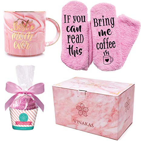MOM COFFEE MUG & FUNNY SOCKS - Gift Ready - 12oz Gold and Pink Ceramic Marble mom mug reads"BEST MOM EVER" - Perfect mom gifts from daughter, mother in law gifts, mom christmas gifts