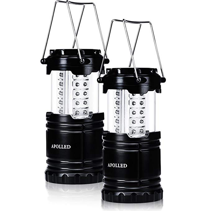 APOLLED Camping Lantern, 30-LED Collapsible Lantern with 6 AA Batteries, Survival Kit for Outdoor Camping, Emergency, Hurricane, Power Outage (Black, 2 Pack)