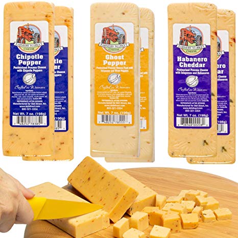Farmer’s Market (Set of 6) Gourmet Spicy Wisconsin Cheese Blocks For Gift Basket, Fondue Cheese Bricks