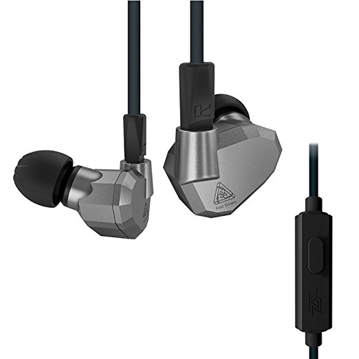 Quad Driver Headphones,KZ ZS5 High Fidelity Extra Bass Earbuds with Remote and Mic,Detachable Cable,Grey