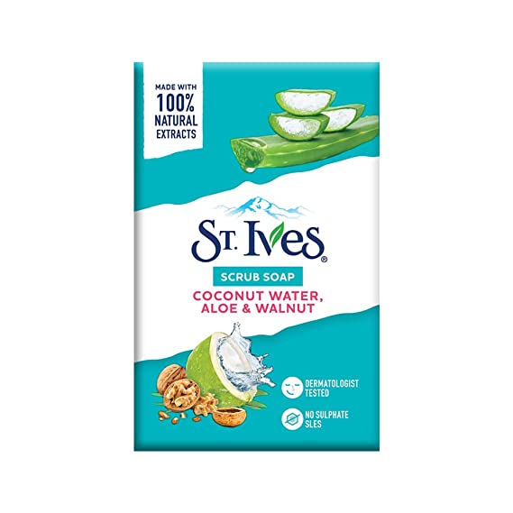 St Ives Coconut Water & Aloe Vera bathing scrub soap| Exfoliating soap with Walnut & Coconut|Made with 100% Natural Extracts| For Natural Glowing skin|PETA Approved| Cruelty Free|Offer Pack Buy 4 Get 1 Free