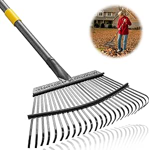 HARRM'S Garden Rake for Leaves, Heavy Duty Adjustable 65" Metal Leaf Rake with 25 Tines Head, Stainless Clear and Collect Yard Rake for Pines Needle, Shrub, Debris, Dead Grass, Lawns, Flower Beds