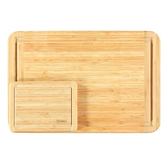 Bamboo Cutting Board and Serving Tray with Juice Groove Set - Large 18x12 & Small 8x6 - Made Using Premium Bamboo
