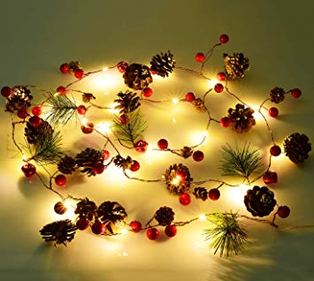 Artiflr 6.7FT Christmas Garland with Lights, 20 LED Red Berry Pine Cone Garland Lights Battery Operated, led Garland String Lights, Christmas Decorations for Home, Garland for Fireplace