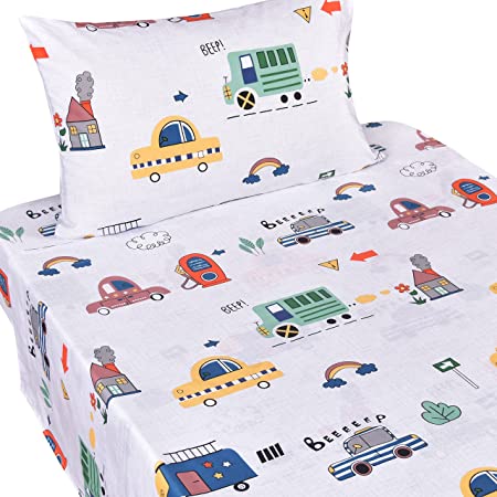J-pinno Cars Bus Traffic Transport Boys Twin Sheet Set Bedroom Decoration Gift, 100% Cotton, Flat Sheet + Fitted Sheet + Pillowcase Bedding Set (Twin, 12)