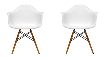 BTExpert Pair of Eiffel Eames Style Armchair Natural Wood Dowell Legs Dining Room Lounge Arm Chair, White Daw, Set of 2