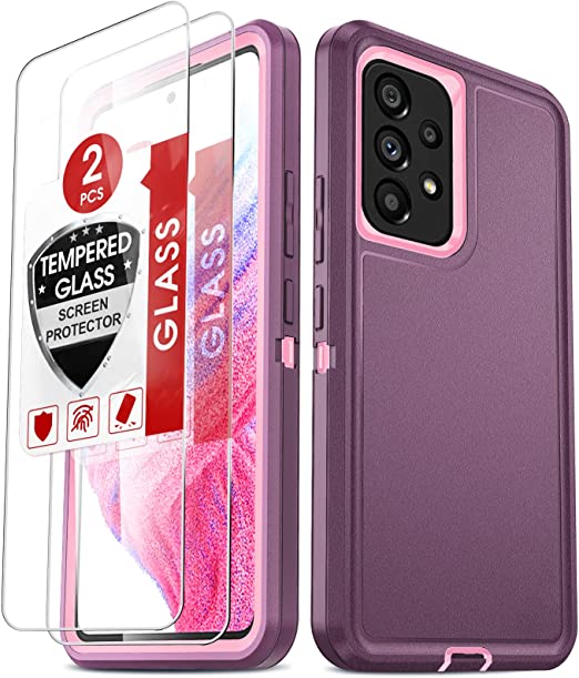 A53 5G Case, Samsung A53 5G Case with [2 Pack] Tempered Glass Screen Protectors, LeYi 3 in 1 Full Body Shockproof Rubber Dustproof Rugged Defender Protection Phone Case Samsung A53 5G, Wine Red/Pink