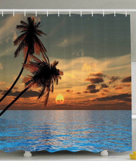 Ambesonne Tropical Palm Trees Decor Collection, World Peace Sunset Pictures Prints of Coconuts Aqua Ocean, Polyester Fabric Bathroom Shower Curtain Set with Hooks, Brown Blue