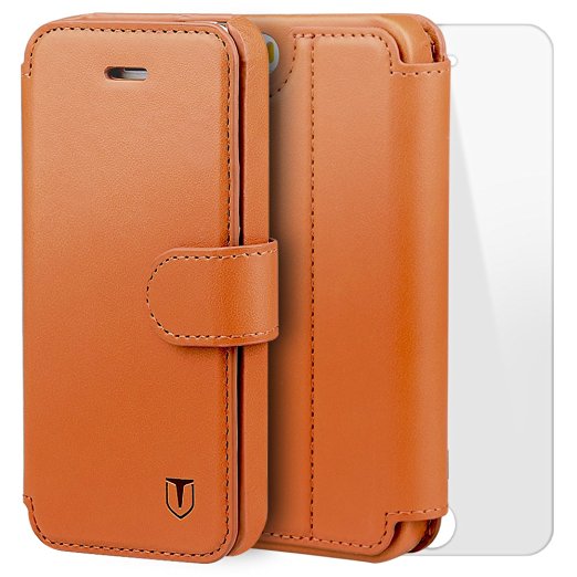 TANNC iPhone 5S Case iPhone SE Case [Free Screen Protector Included] Flip Leather Wallet Phone Case [Layered Dandy] - [Card Slot][Flip][Wallet] - For Apple iPhone 5S / SE Devices - Light Brown