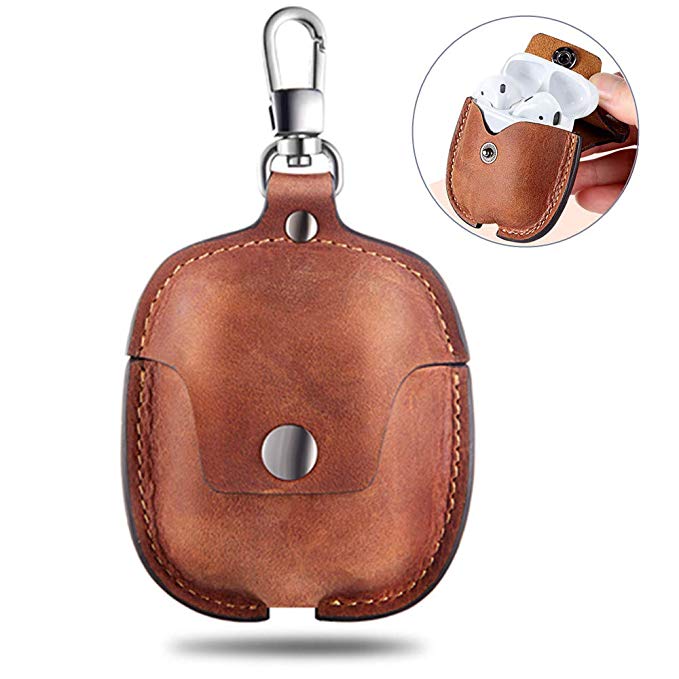 AirPods Case Leather Genuine Leather Protective Portable Shockproof Cover with Key Chain Compatible with Apple AirPods 2 & 1 Charging Case (Brown)
