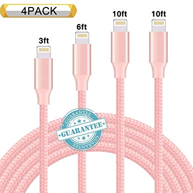DANTENG Phone Cable 4Pack 3FT 6FT 10FT 10FT Nylon Braided Charging Cables USB Charger Cord, Compatible with Phone Xs MAX XR X 8 Plus 7 6 6 Plus 5S SE Pad Pod Nano-Pink