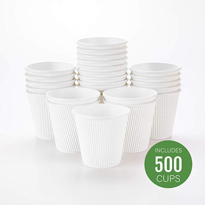 500-CT Disposable White 8-OZ Hot Beverage Cups with Ripple Wall Design: No Need for Sleeves – Perfect for Cafes – Eco-Friendly Recyclable Paper – Insulated – Wholesale Takeout Coffee Cup