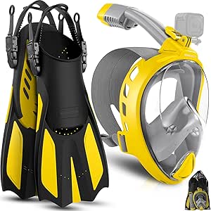 Odoland Snorkeling Package Set, Snorkeling Gear for Adults with Full Face Snorkel Mask Camera Mount, Adjustable Swim Fins, Mesh Bag, Anti-Fog Anti-Leak Scuba Gear for Men Women