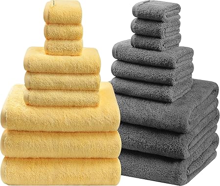 SEMAXE 18-Pack Bath Towel Set Include 6 Bath Towels, 6 Hand Towels, 6 Wash Cloths, 100% Cotton Bathroom Towels with Hanging Loops and Nano-Bio Lifecycle Labels, Soft & Absorbent Towel, Yellow & Grey