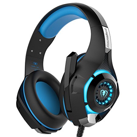 Gaming Headset, Bovon Wired PC Gaming Headphones Mac USB 3.5mm Over-Ear Headband Game Headset Surround Stereo Headphone with Noise Cancelling Volume Control LED Light for PS4 Tablet Laptop (Blue)