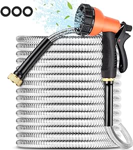 Garden Hose 100FT-Stainless Steel Water Hose with 10 Function Nozzle & Solid Fittings,No-Kink & No-Tangle,Lightweight Metal Garden Hoses,Anti-Rust Heavy Duty Water Hoses for Yard,Car Wash,Farm,Pet