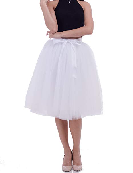 Women's Solid A Line Midi/Knee Length Tutu Skirt 6 Layered Pleated Tulle Petticoat Dance Tutu