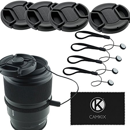 CamKix Lens Cap Bundle - 4 Snap-on Lens Caps for DSLR Cameras including Nikon, Canon, Sony - 4 Lens Cap Keepers / 1 CamKix Microfiber Cleaning Cloth included (49MM)