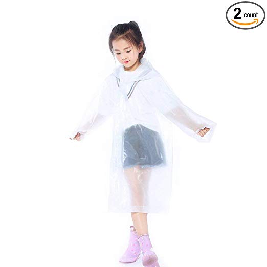Walsilk 2Pack Emergency Rain Ponchos for Kids,Waterproof Child Raincoats with Hood and Sleeves,Portable & Lightweight