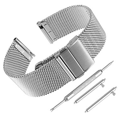 Bewish Silver Stainless Steel 0.6mm Mesh Watch Band Single Fold Over Clasp Adjustable Hook Buckle Tool