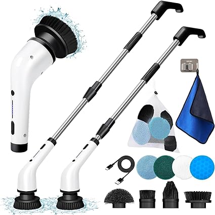 Electric Spin Scrubber, Up to 450RPM Cordless Cleaning Brush with 2 Speeds & 8 Replaceable Brush Heads, 51 Inch Shower Power Scrubber with Adjustable Extension Arm for Bathtub Tile Floor Sink(Black)