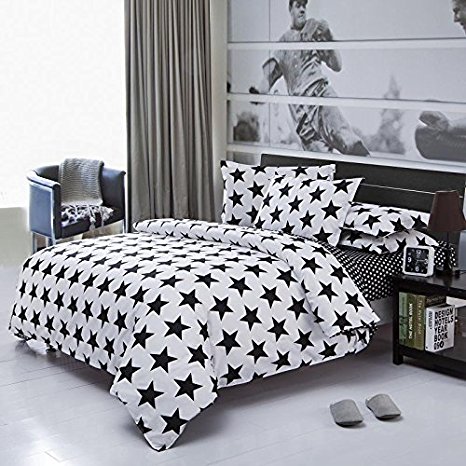 OJIA Home Soft Textiles Cotton Black&White Plaid 4pcs Bedding Duvet Cover Sets (1 Duvet Cover, 1 Flat Sheet, 2 Pillow Cases). (Queen, Star)
