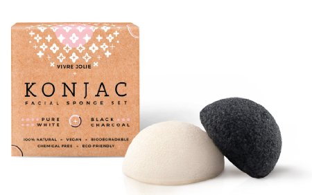 Konjac Sponge - Set of 2 Facial Sponges, Pure White & Activated Charcoal (as Blackhead remover for acne prone skin) Gentle Exfoliating Facial Scrub balances PH for all skin types - by Vivre Jolie