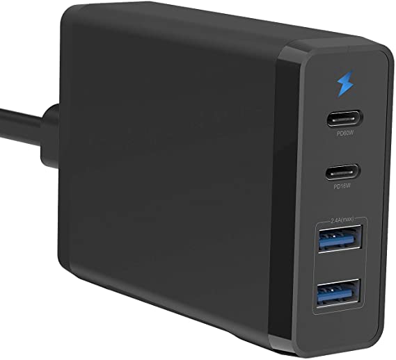 USB C Pd Charger, 75W 4-Port USB Desktop Charging Station with Type-C 60W Power Delivery PD Charger Compatible with iPhone 11 Pro Max XR XS X, iPad Pro, MacBook, Galaxy S20 S10, Nintendo and More