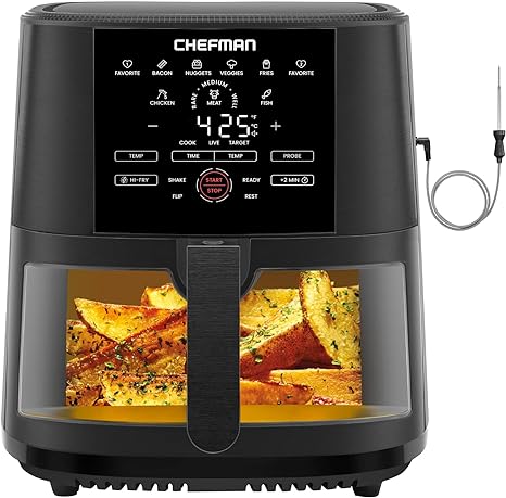 Chefman 7.5-Liter Digital Air Fryer with Temperature Probe, 8 Customizable Cooking Presets, Large Easy-View Window, Give Your Food an Extra Crispy Finish, Nonstick Dishwasher-Safe Basket & Tray, Black