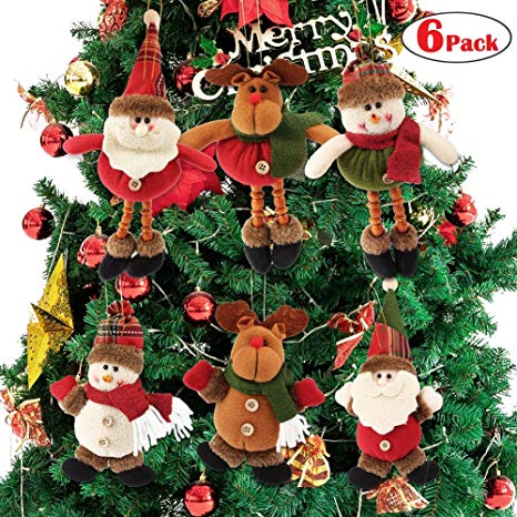 Dreampark Plush Christmas Ornaments, [6 Pack] Xmas Hanging Ornaments Decorations Festive Season Pendant - Santa/Snowman/Reindeer Ornaments Plush for Christmas Tree