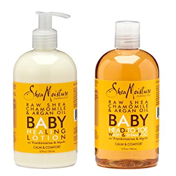 Shea Moisture Calm and Comfort Raw Shea Chamomile and Argan Oil Baby Head to Toe Wash Shampoo and Healing Lotion Pack of 2