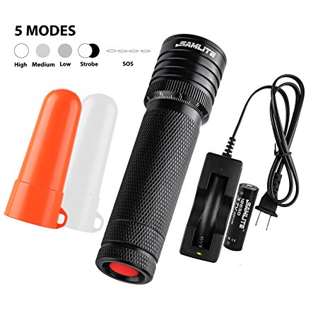 SAMLITE- LED Flashlight Tactical Military Grade, Super Bright 460 Lumens, Cree-T6, Water Resistant, Adjustable Focus Zoom Tactical Light, Life of up To 100,000 hours, White and Red Diffuser Included