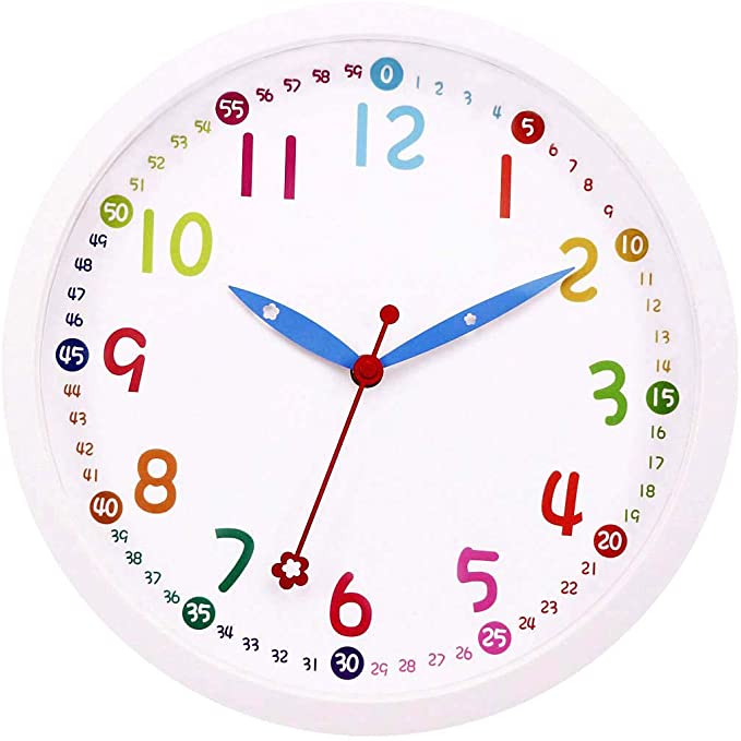 Lumuasky Kids Wall Clock, Silent Non-Ticking - 12 Inch Decorative Colorful Battery Operated Round Easy to Read Clock for Classroom, School, Playroom, Nursery Room, Home (White)